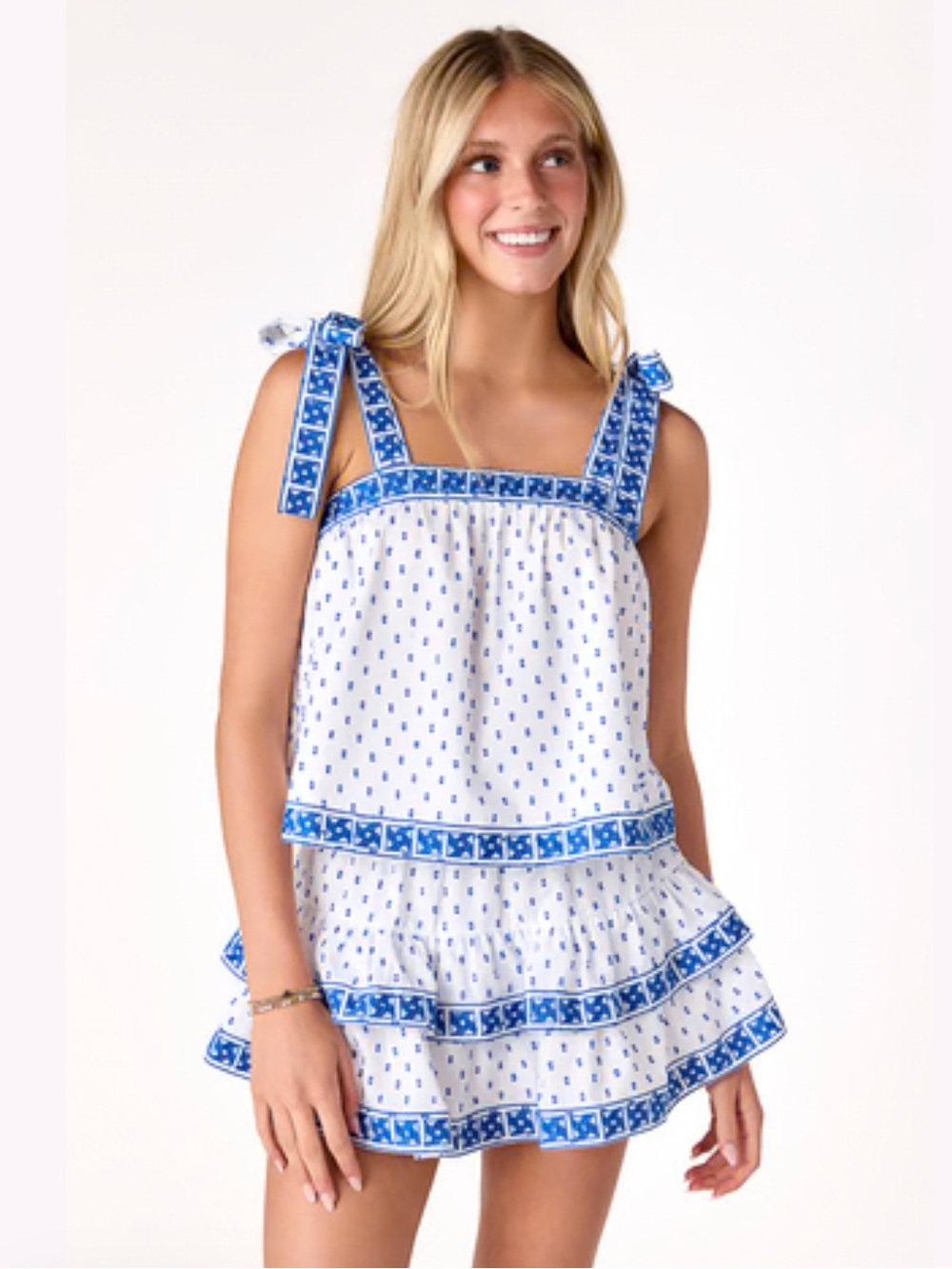 Cake For Dinner White Blue Swiss Dot Tie-Shoulder Crop Seaside Pinwheel Top Tank